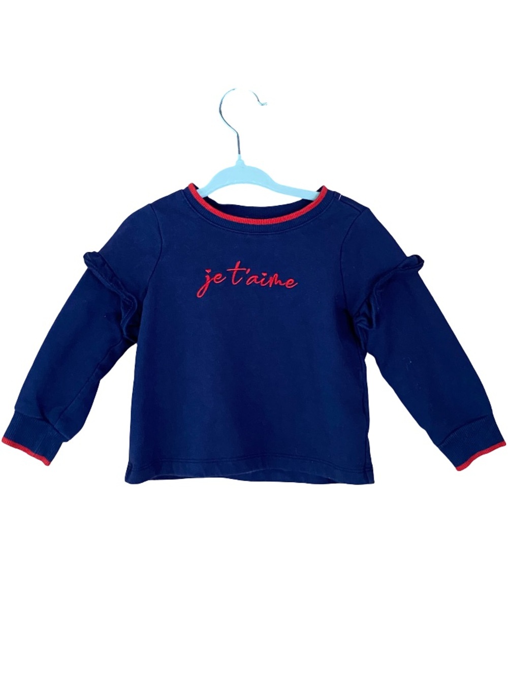 Jamie and Jack embroidered French j’taime blue and red sweatshirt size 18-25 mo.